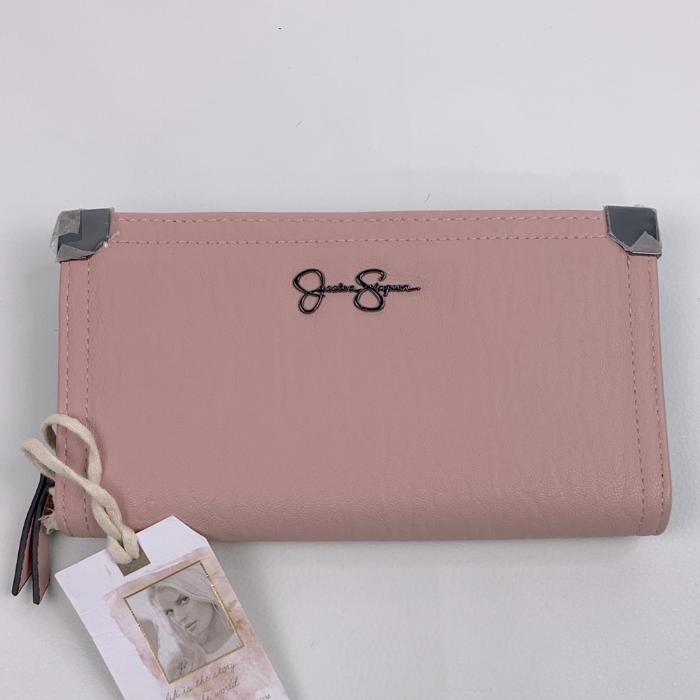 Jessica Simpson Blush Pink Zip around Wallet Black White lined Slip pockets NEW